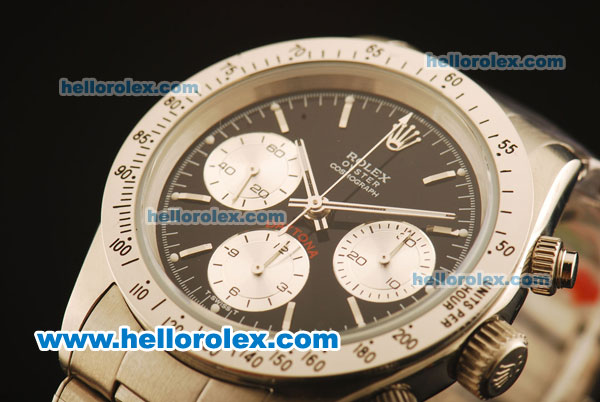 Rolex Daytona Vintage Chronograph Swiss Valjoux 7750 Steel Case/Strap with Black Dial and White Stick Markers - Click Image to Close